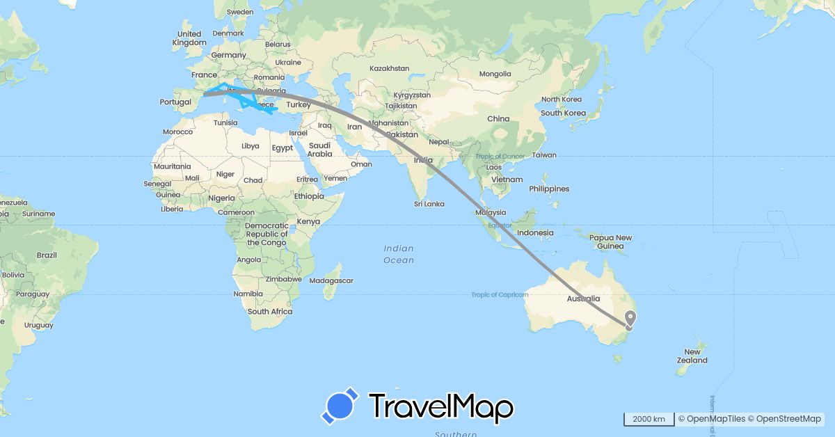 TravelMap itinerary: plane, boat in Australia, Spain, France, Greece, Italy, Montenegro, Singapore, Turkey (Asia, Europe, Oceania)